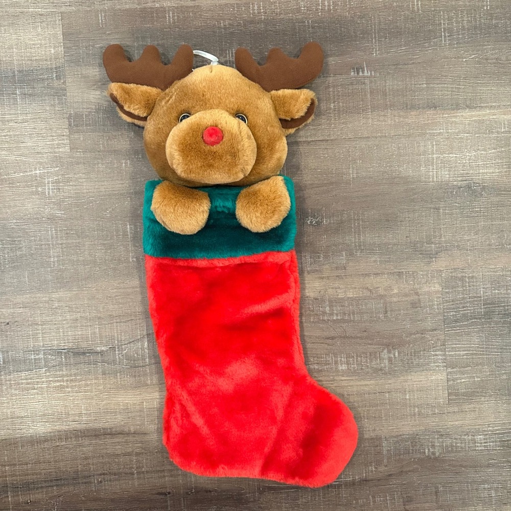 VINTAGE TB Trading Co Plush Reindeer Christmas Stocking 3D NOSTALGIC KITSCH‎ 19"